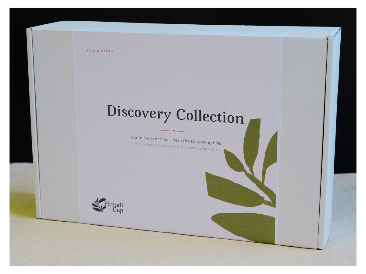 Pudełko 2026 Discovery Collection: białe, z jasną opaską i zielonym motywem liści, z napisem "Four micro-batch teas from the Darjeeling hills"
