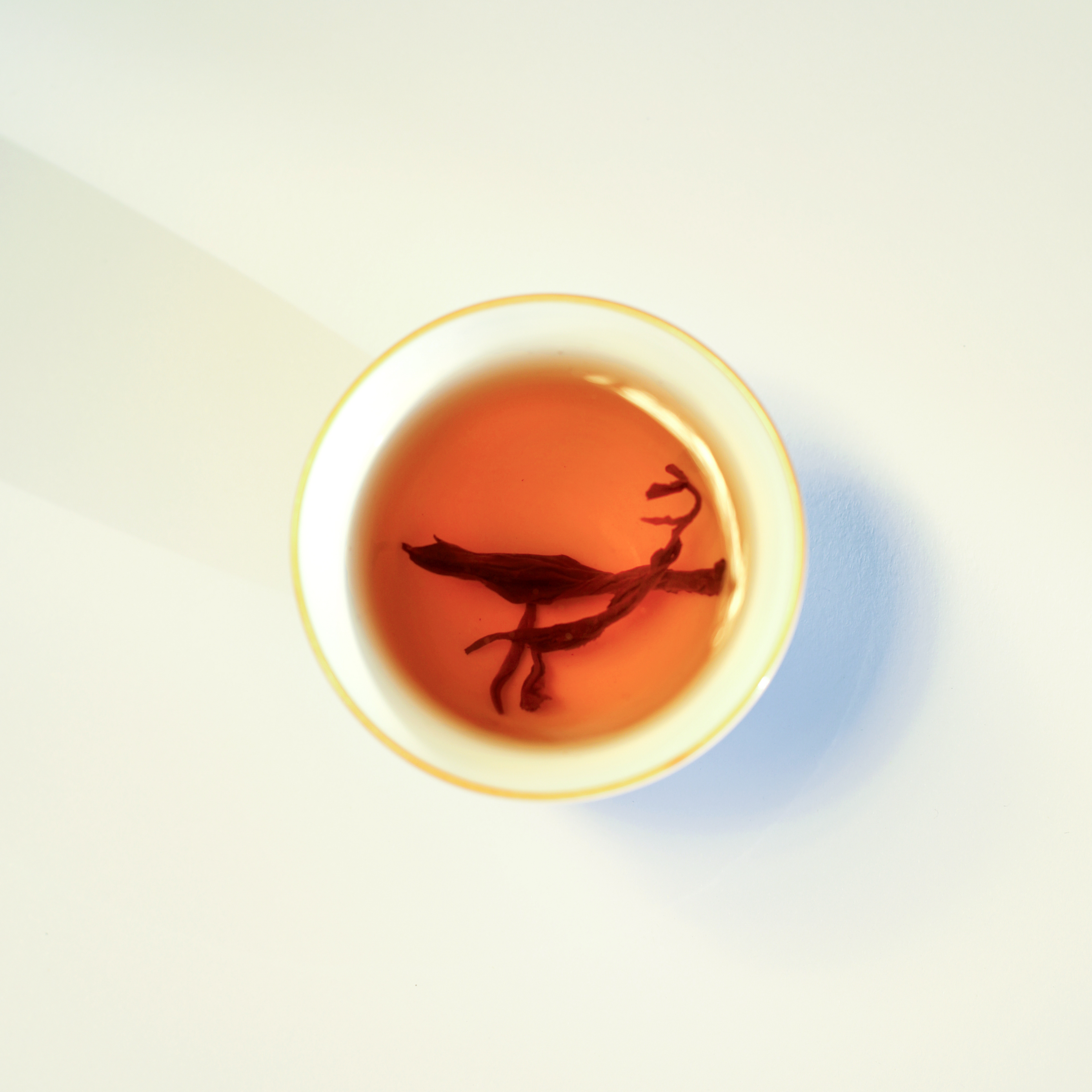 Brewed Himalayan Golden Black tea, warm amber liquor in a white ceramic cup