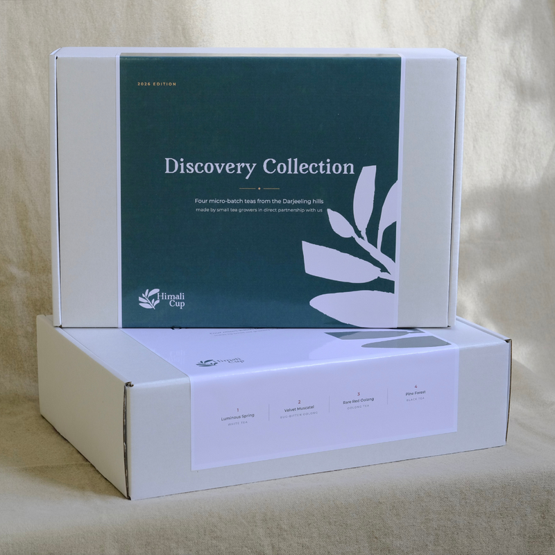 The 2026 Discovery Collection box: white with a green sleeve and a blush leaf print, reading "Four micro-batch teas from the Darjeeling hills"