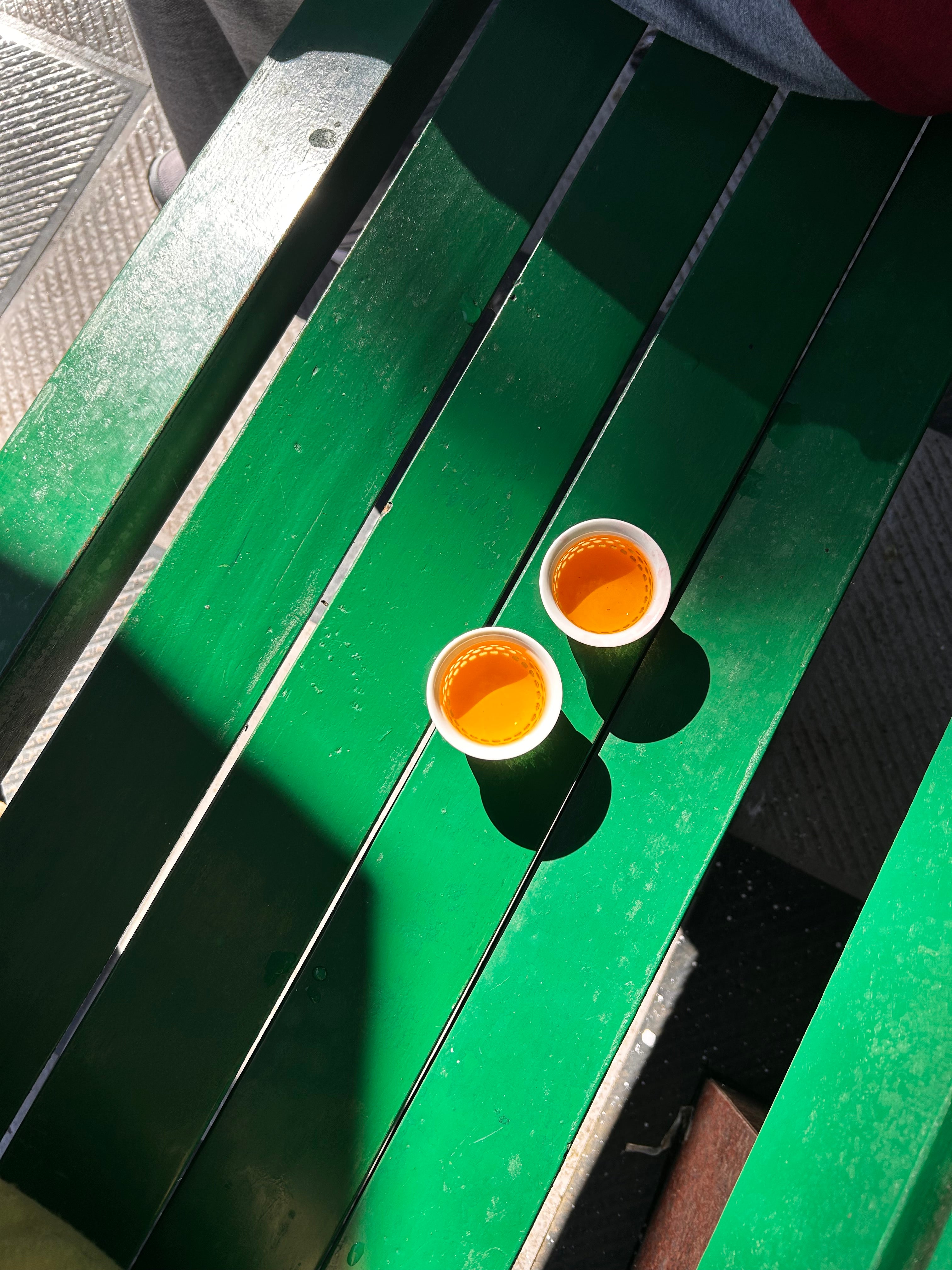 Two cups of brewed specialty Himalayan tea on a green park bench in Darjeeling