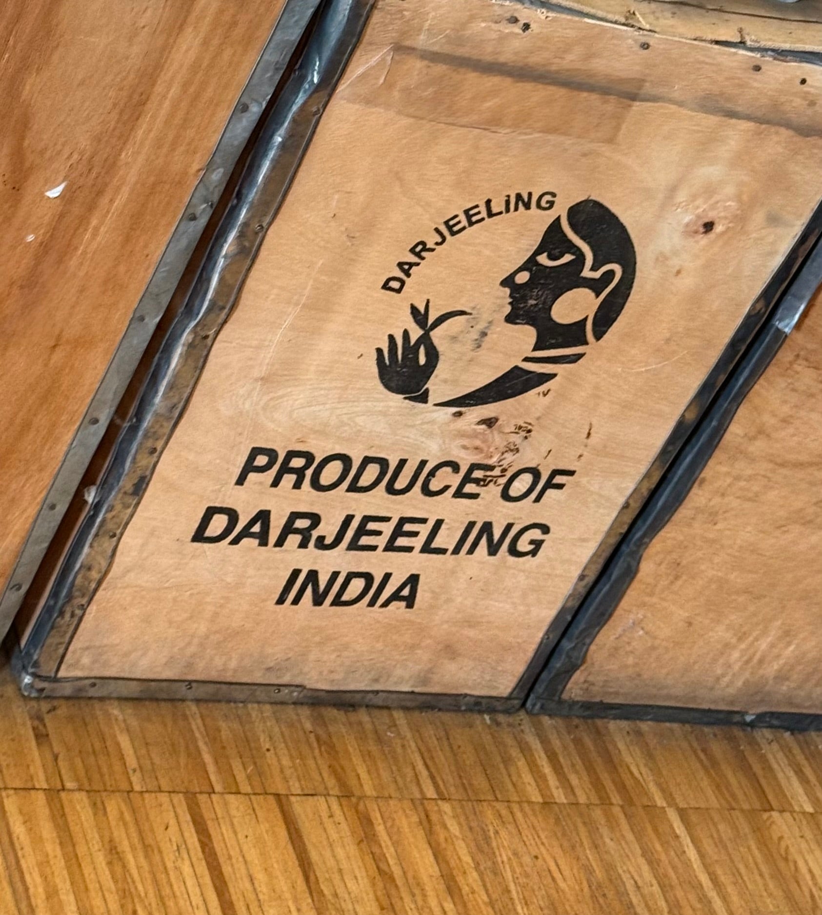 Wooden tea crate stamped with Produce of Darjeeling mark