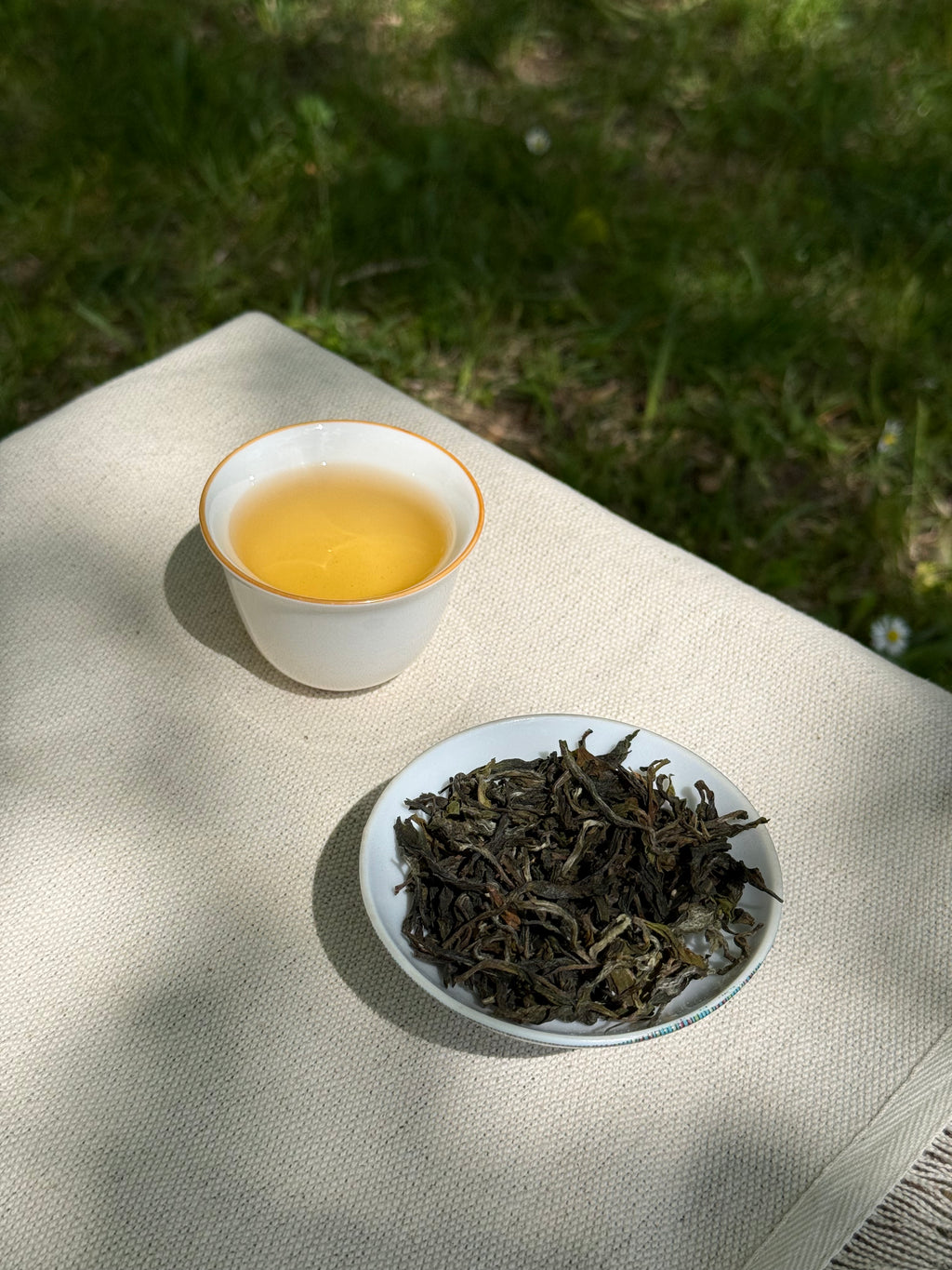 Spring Delight First Flush pale golden liquor in a ceramic cup beside whole leaf Himalayan tea on linen