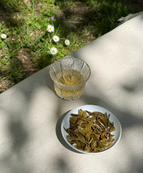 Spring Delight T78 & AV2 First Flush brewed in a glass cup with whole dark green leaves on a linen surface outdoors
