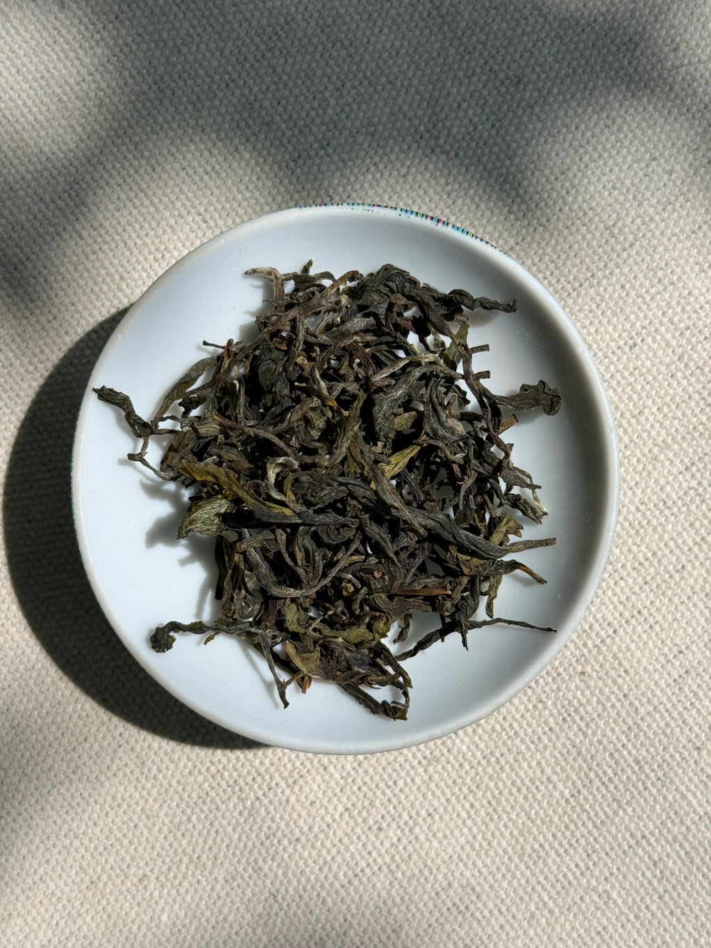 Whole dark green Spring Delight T78 & AV2 First Flush tea leaves with silvery fuzzy buds on a white ceramic plate
