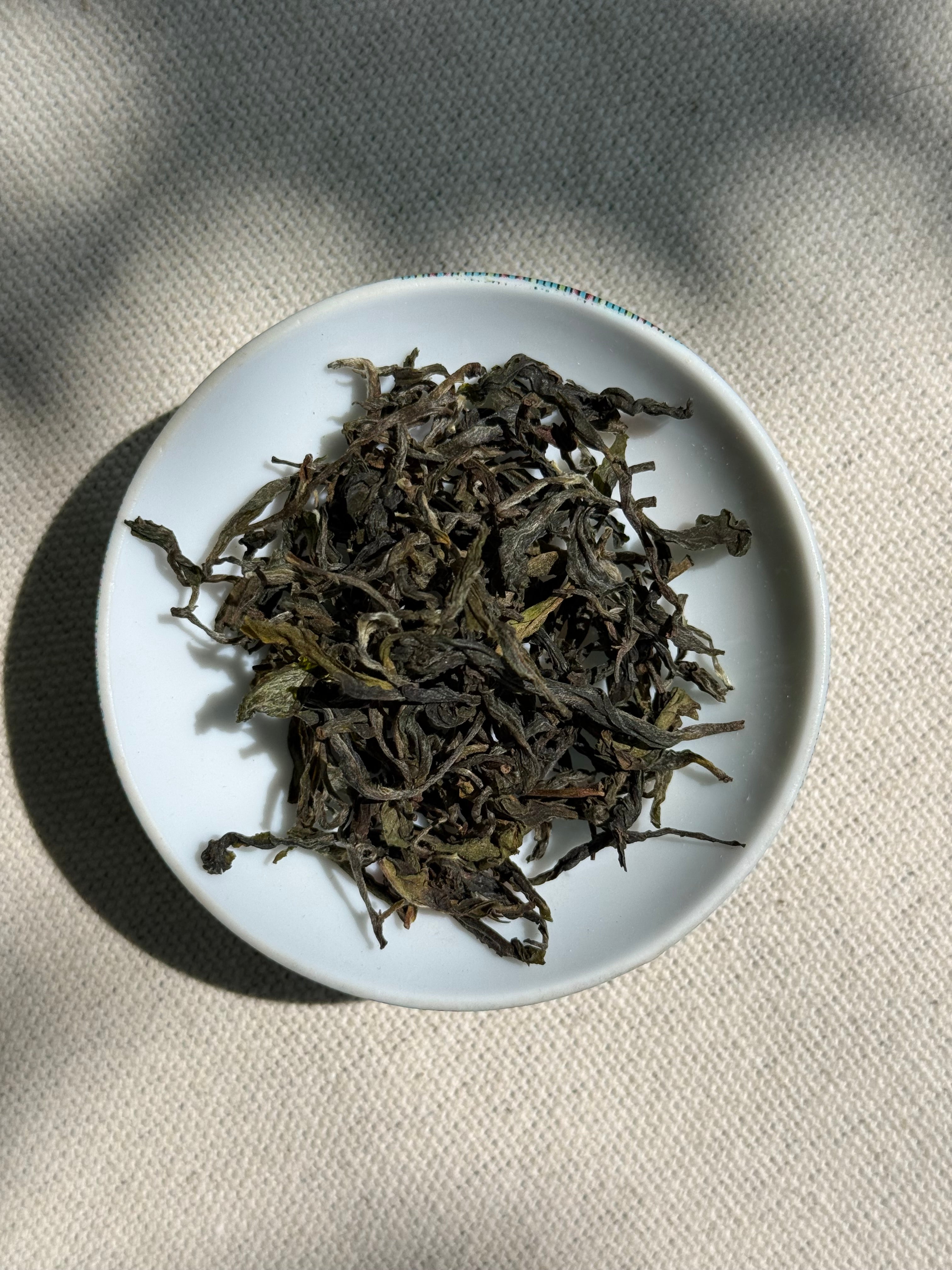 Whole dark green Spring Delight T78 & AV2 First Flush tea leaves with silvery fuzzy buds on a white ceramic plate