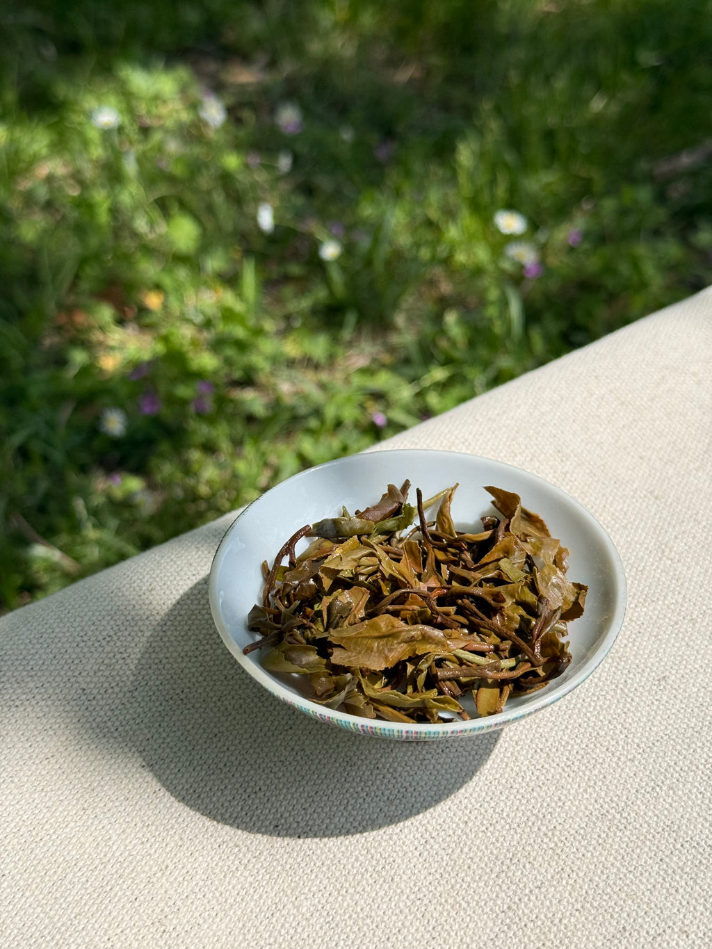 Brewed Spring Blossom First Flush spent tea leaves in a white ceramic cup after brewing outdoors