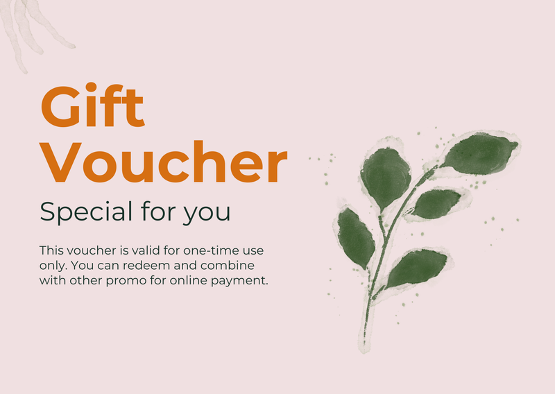 Himali Cup gift voucher: a Blush Cream card reading “Gift Voucher — special for you” in Marigold Amber, with a watercolour tea sprig in Deep Tea Green.