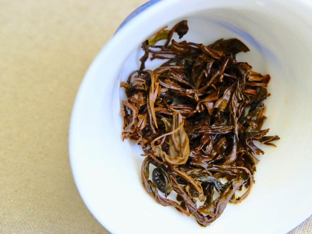Aufgegossene Blätter von Velvet Muscatel Oolong, entfaltet und kupferbraun, in einem weißen Gaiwan